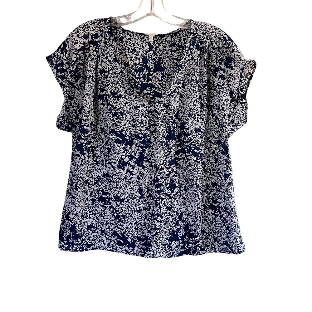 Joie 100% Silk Blouse Navy Blue White‎ Floral V-Neck Short Sleeve Top Size M
